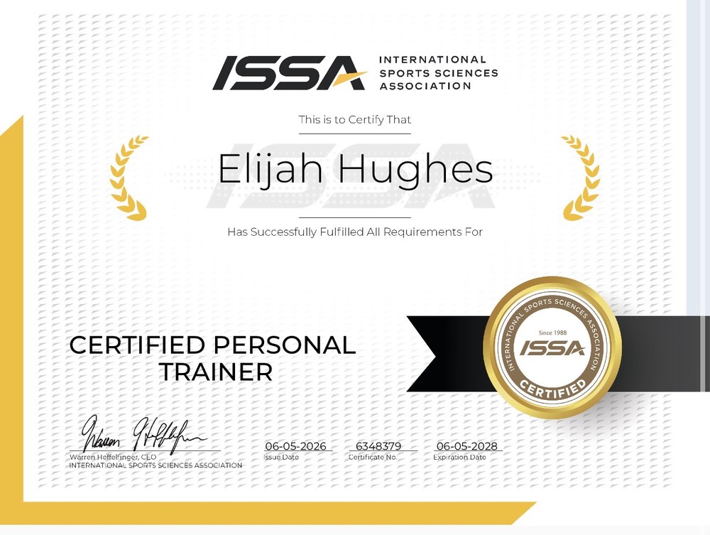 ISSA International Sports Sciences Association Certified Personal Trainer certificate issued to Elijah Hughes